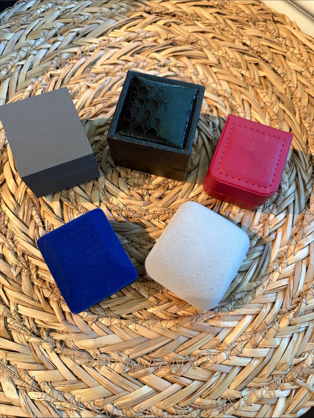 Assorted Jewelry Ring Boxes Velvet & Faux Leather Red, Blue, Black, Gray, White